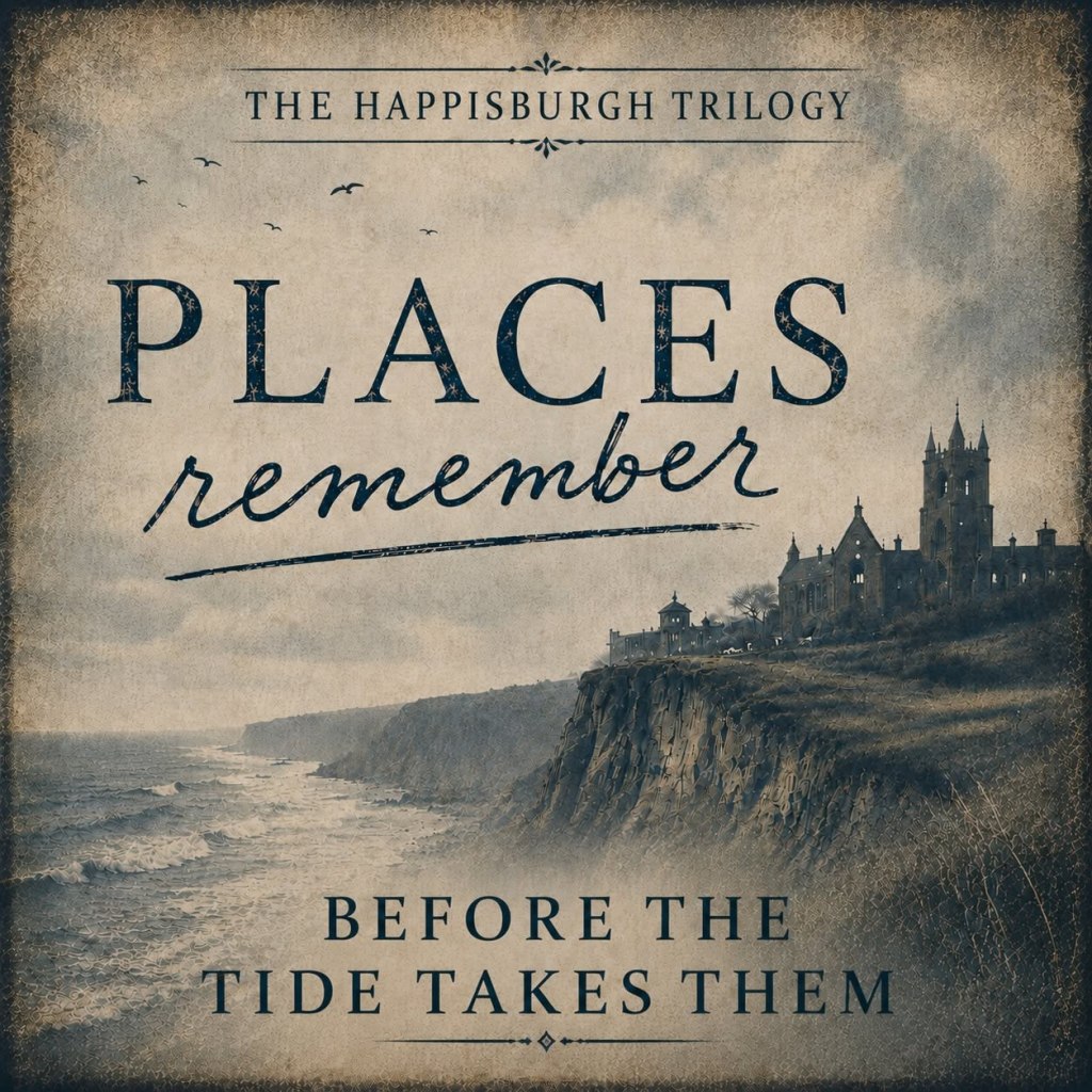 Cover art for 'Places Remember' from the Happisburgh Trilogy, featuring a coastal scene with cliffs and a distant building, set in a vintage style.