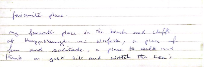 A handwritten note describing a favourite place, highlighting the beach and cliffs of Happisburgh in Norfolk as a location for fun and solitude.